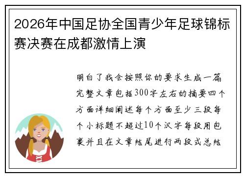 2026年中国足协全国青少年足球锦标赛决赛在成都激情上演