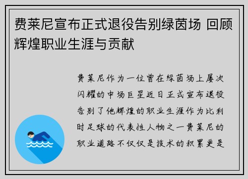 费莱尼宣布正式退役告别绿茵场 回顾辉煌职业生涯与贡献